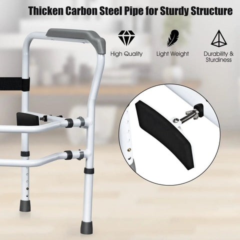 Rock Solid Free Standing Toilet Safety Rail With Quick Adjust Height And Width Settings Secure Bathroom Handrail for Aging Adults features thick carbon steel pipe for sturdy structure.