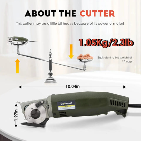 Dive into heavy duty sewing projects with this electric rotary fabric cutter 10.04in long and 1.97in high on a balance scale.
