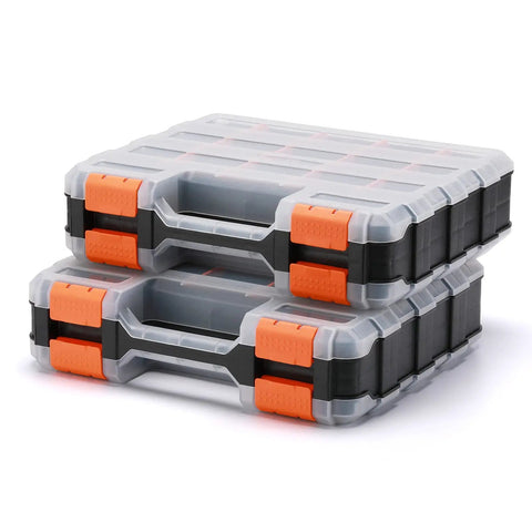 Stacked Double Side Tools Organizer With Removable Dividers, clear lid, 34-Compartment Hardware Storage Box, 2 Pack, lightweight plastic.
