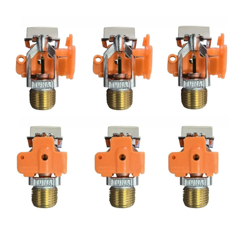 Straight Shooter Quick Response Fire Sprinkler Head Horizontal Sidewall Spray with orange cap and brass fitting, set of six.