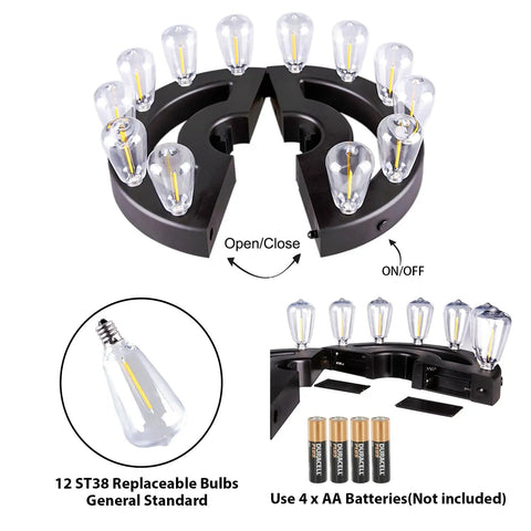 Outdoor Patio Umbrella Lights Battery Operated With Dimmable Timer, showing 12 warm white LED bulbs and battery compartment.