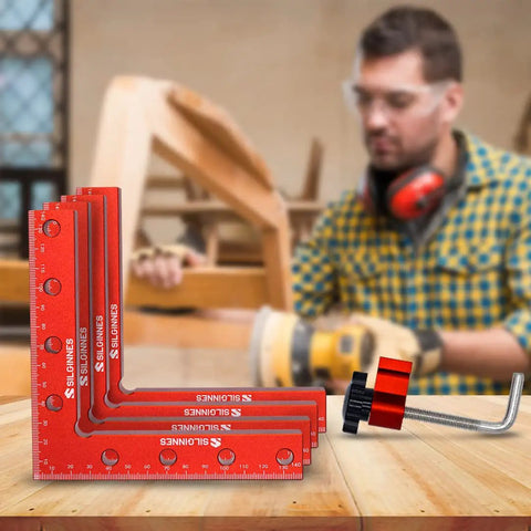 Pro Grade 90 Degree Right Angle Clamps For Woodworking 4 Pack Aluminum Alloy Corner Clamps on workbench