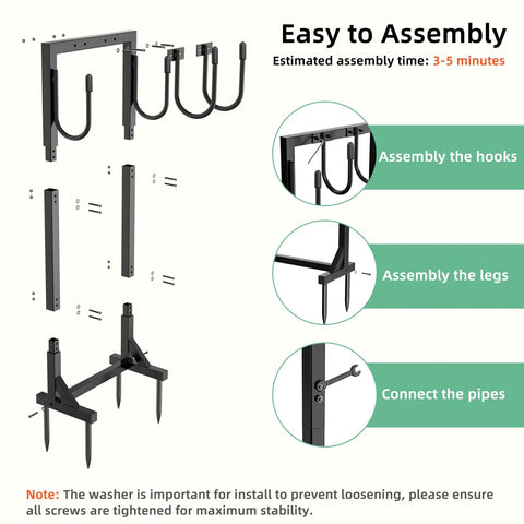 Assembly guide for Rugged Heavy Duty Garden Hose Holder Reel With Four Large Hooks, showing steps to attach hooks, legs, and pipes.
