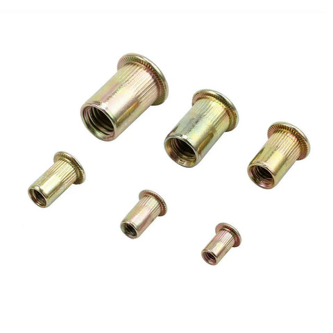 Jinhxofs Carbon Steel Flat Head Threaded Rivet Nut Insert Assortment Metric Cap Set With 150 Pieces, featuring assorted sizes of threaded inserts.