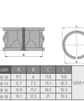 Technical drawing of Open Snap Bushing 19mm Black Nylon Cable Hose Grommet Protector with dimensions and specifications chart