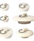 Six piece set of Heavy Duty Rubber Drain Stopper With Sturdy Pull Ring in white, various sizes for kitchen and bathtub drains.