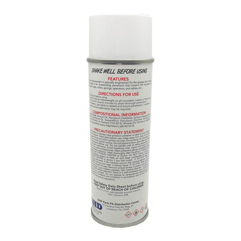 Rear view of Ultra Smooth Garage Door Lube Spray For Pro Grade Operation, Heavyweight Penetrant That Loosens Rust And Lubricates Hinges, Rollers, Springs, And Cables, Rust Inhibitor, Water Resistant, 6 Ounce USA Made with label instructions.