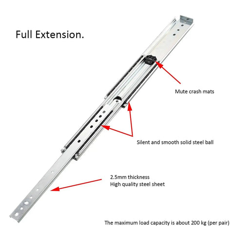 Heavy Duty Full Extension Ball Bearing Drawer Slides 68 Inch Industrial Guide Rail showing solid steel construction and features.