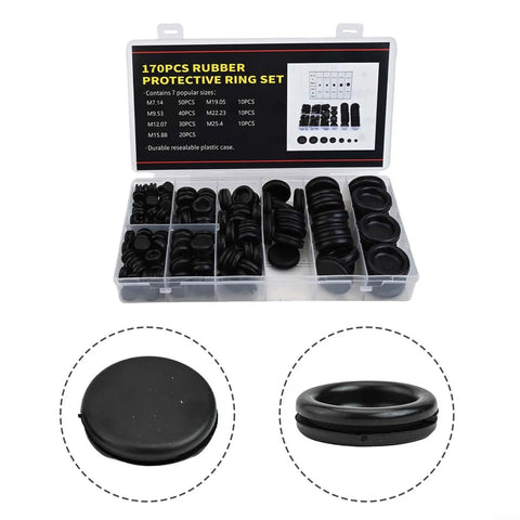 Rubber Grommet Kit With 170 Pieces For Auto Wiring Protection 7 Popular Metric Sizes From 7.14mm To 25.40mm Assorted grommets in plastic case