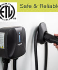Hardwired Level 2 EV Charger 48 Amp Indoor Outdoor Car Charging Station With 18 Foot Cable Black Ready To Plug And Go For All EVs SAE J1772 Electric Vehicle Now mounted on wall with hand plugging in