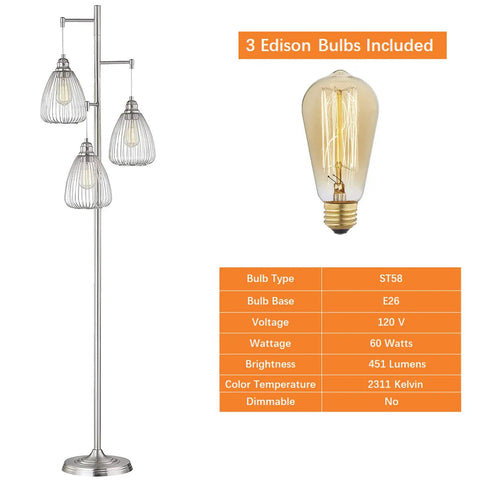 Industrial Rustic Floor Lamp With Three Teardrop Cage Shades Tall Modern Standing Light For Living Room And Home Office Minimalist Chrome Pole Lamp With Edison Style Bulbs Included, showing bulb specs.
