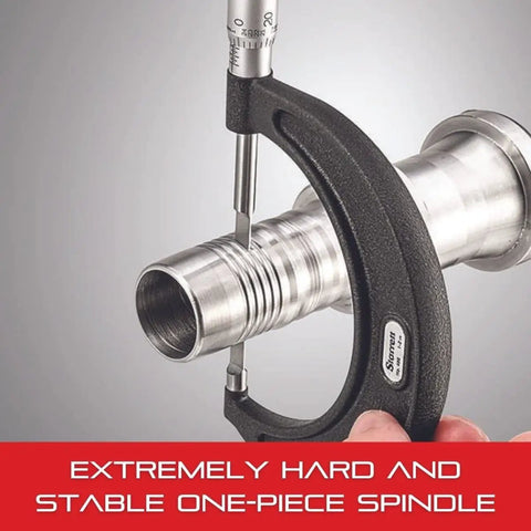 Workhorse Digital Micrometer With One-Piece Spindle And Tapered Frame For Tight Slots, satin chrome finish on metallic object