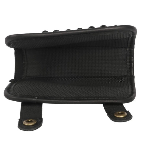 Interior view of genuine leather buttstock cheek rest with rifle shell holder, adjustable elastic straps with bottom closure visible