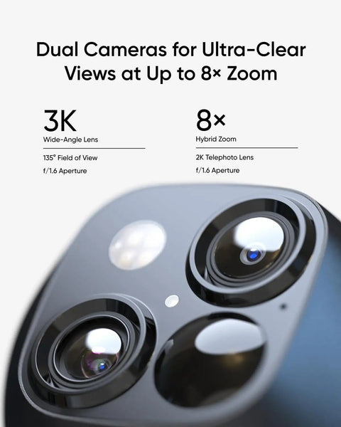 Close-up of dual camera lenses of Dual Camera Solar Security System with 3K clarity and 8x zoom, emphasizing advanced optics.