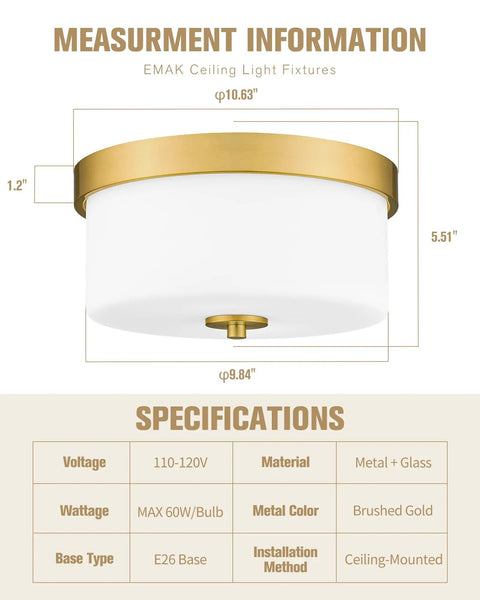 Diagram of 11 Inch Brushed Gold Flush Mount Ceiling Light With Milk Glass Shades For Hallways Kitchens Bathrooms And Dining Rooms