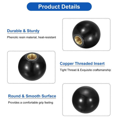 Two Pack M8 Threaded Ball Knobs, 32mm Diameter, Black Thermoset With Copper Insert For Machine Lever Handles, 1.25 Pitch, 30.5mm Height