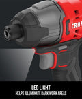 Close-up of 20V Max Impact Driver Kit With One Quarter Inch Chuck 2800 RPM 1460 Inch Pounds Torque and LED work light in use.