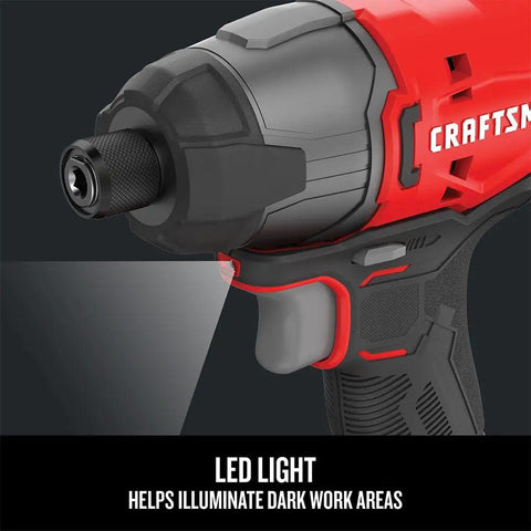 Close-up of 20V Max Impact Driver Kit With One Quarter Inch Chuck 2800 RPM 1460 Inch Pounds Torque and LED work light in use.