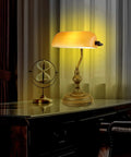 Jade Green Glass Vintage Banker Desk Lamp with Antique Brass Finish, Touch Control Three Way Dimmable Table Lamp With USB Charging, Retro Mid Century Vibe For Home Office And Library on a desk