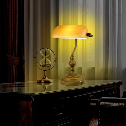 Jade Green Glass Vintage Banker Desk Lamp with Antique Brass Finish, Touch Control Three Way Dimmable Table Lamp With USB Charging, Retro Mid Century Vibe For Home Office And Library on a desk