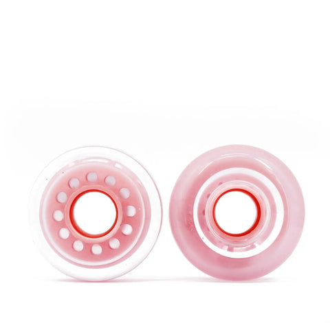 Close-up of Outdoor Roller Skate Wheels 38mm By 62mm 80A Light Pink Four Pack Durable Urethane For Park Ramps Street Bowls And Outdoor Quad Skating