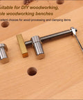 Slick Ace 3/4 Inch Bench Dog Clamps For Woodworking Crews With Rock Solid Stainless Steel Frame Brass Index Stops and Dual Ratchet Wrenches shown on wood workbench.