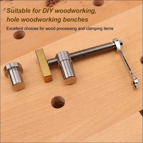 Slick Ace 3/4 Inch Bench Dog Clamps For Woodworking Crews With Rock Solid Stainless Steel Frame Brass Index Stops and Dual Ratchet Wrenches shown on wood workbench.