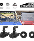 2 Pack Hood Latch Toggles And Grommets Kit For Polaris RZR 900 1000 Ranger 570 900 1000 Ace 325 570 Sportsman 850 1000 Brutus HD Engine Bay Lock Mount Replacement shown with vehicle applications and parts.
