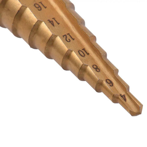Close-up of Hex Shank Quick Change Step Drill Bit Set One Quarter Inch Shank HSS Titanium Coated Spiral Grooved Bits 3-12mm