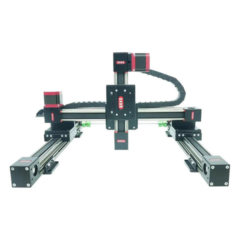 Motorized Three Axis Gantry Robot Stage Featuring Linear Belt Drive Plus Stepper Motors For Cnc Routing, compact structure.