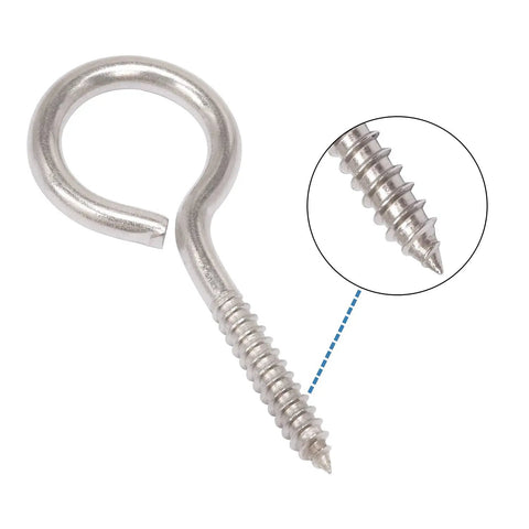 Close-up of a Stainless Steel Eye Screws For Wood 30 Pack Screw Eye Hooks Indoor And Outdoor Use 17 lb capacity rustproof 304 steel.
