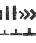 PE Pipe Joint Tee Straight Elbow Plug Greenhouse Irrigation Fittings Set For Micro Spray Hose Connectors 16mm 20mm 25mm Tee Elbow Bulk 50 Pieces DIY Garden Watering Kit black plastic connectors shown in straight, elbow and tee shapes