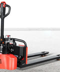Heavy Duty Electric Pallet Jack With 3300 Lbs Capacity And Thick Alloy Frame For Factory Warehousing Plus Silent Wheels And 24 Volt Lithium Battery, shown from the side on a concrete floor.