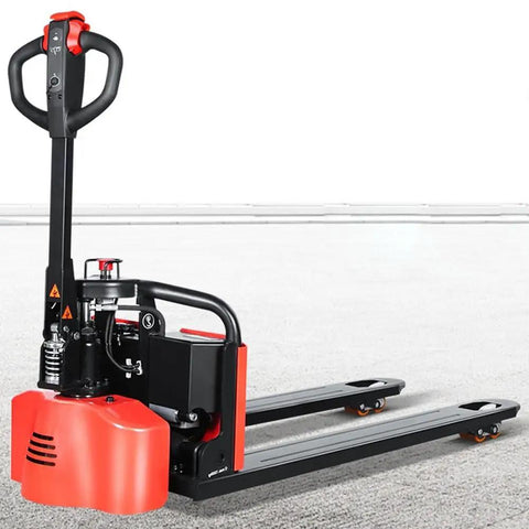 Heavy Duty Electric Pallet Jack With 3300 Lbs Capacity And Thick Alloy Frame For Factory Warehousing Plus Silent Wheels And 24 Volt Lithium Battery, shown from the side on a concrete floor.
