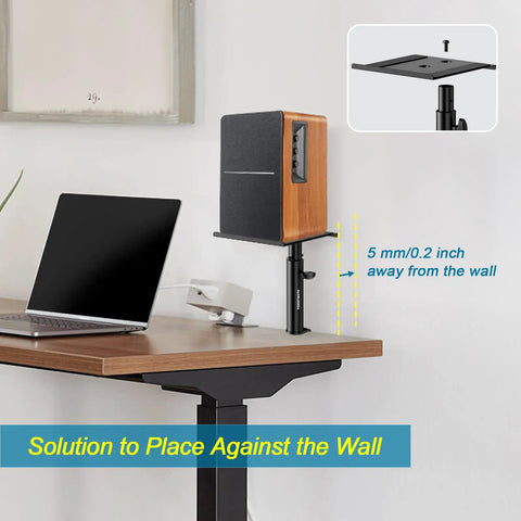 Set Of Two Dope Desktop Monitor Stands With Wall Mount Option, positioned on desk with clamp, shown in studio setup.