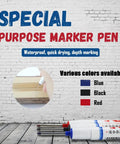 Set Of 3 Deep Hole Marking Pens With Long Extended Nibs For Carpentry And Woodworking Projects Straight Shooter Build That Effortlessly Hits Every Tight Spot Red Black And Blue Ink shown on a rustic wood surface with depth marking in action.