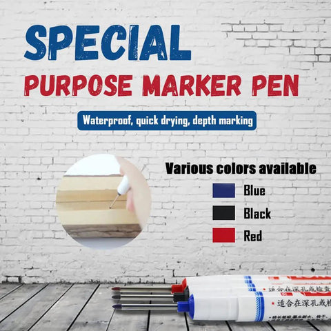 Set Of 3 Deep Hole Marking Pens With Long Extended Nibs For Carpentry And Woodworking Projects Straight Shooter Build That Effortlessly Hits Every Tight Spot Red Black And Blue Ink shown on a rustic wood surface with depth marking in action.