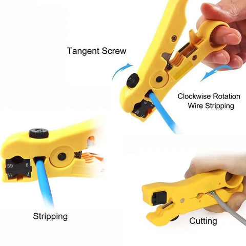 Universal Cable Stripper And Cutter For Flat Or Round Wires Including Cat5 Cat6 And Coaxial Coax Stripping Tool in use