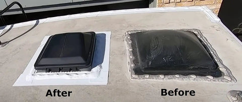 Comparison of camper roof vents showing RV Roof Tape 2 Inch By 50 Foot Black for Camper And Trailer Roof Repair, Waterproof Sealant Tape applied.