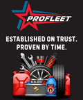 ProFleet logo and tools under "Established on Trust, Proven by Time" with oil, tire, and gas can.
