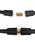 Two black pressure washer hose ends with brass M22 14mm male-threaded coupler, solid brass, 2-piece set.
