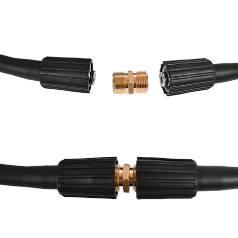 Two black pressure washer hose ends with brass M22 14mm male-threaded coupler, solid brass, 2-piece set.