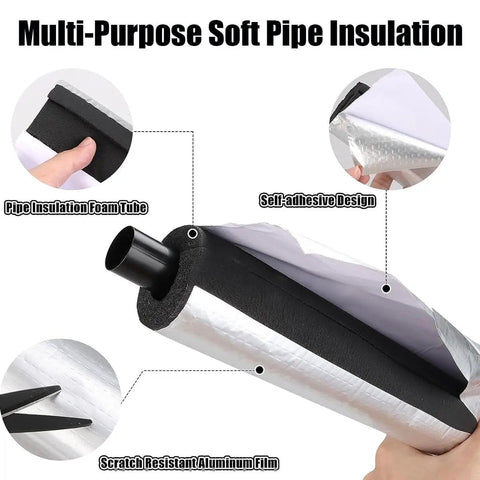 Waterproof Pipe Insulation Wrap For Outdoor Use with aluminum foil shield and foam tube, fits 1-1/2 in to 4 in pipes, shown close up