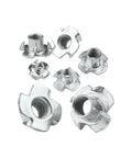 Four Claws T Nuts Blind Tee With Prongs For Speaker And Furniture M6x8mm Nickel Plated displayed in various angles.