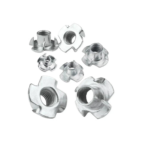 Four Claws T Nuts Blind Tee With Prongs For Speaker And Furniture M6x8mm Nickel Plated displayed in various angles.