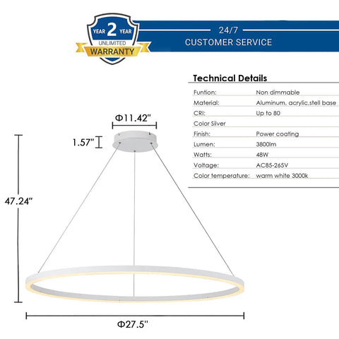 27.5 Inch LED Ring Chandelier Modern One Ring Pendant Light For Dining Room Kitchen Foyer Living Room Bedroom Hallway Warm White 3000K Non Dimmable Technical Details