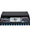 Snap On 24 Fiber Rack Mount Optical Distribution Enclosure Box With LC UPC Adapters For OS2 Single Mode Cables inside view showing pigtails and couplers.