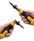Hands holding Ratcheting 13-In-1 Multi Bit Screwdriver Set With 180 Degree Pivot Magnetic Bits, ergonomic grip visible.