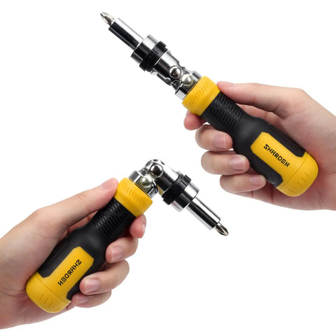 Hands holding Ratcheting 13-In-1 Multi Bit Screwdriver Set With 180 Degree Pivot Magnetic Bits, ergonomic grip visible.