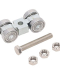 Heavy Duty Four Wheel Steel Pulley Assembly Featuring Deep Groove Ball Bearings For Smooth Rock Solid V Belt Drive And Strut Channel Gear That Kicks Ass And Never Craps Out with stainless steel bolt and nuts.